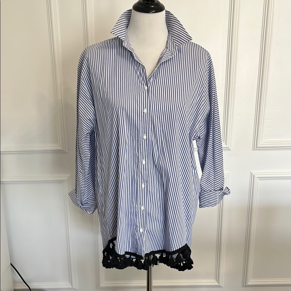 New Zara Chic Striped Button-Up Shirt with Tassel Hem